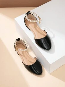 全新夏季时尚尖头平底鞋，适合女孩、青少年和大码女学生休闲户外平底鞋，白色尖头时尚珍珠鞋，舒适休闲鞋 - 黑色 - 查看 1