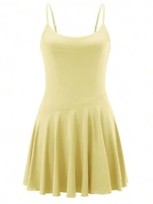 Women's Mini Skater Dress Sleeveless Spaghetti Strap Scoop Neck Flowy Dress Summer Party Dress - Yellow - View 1