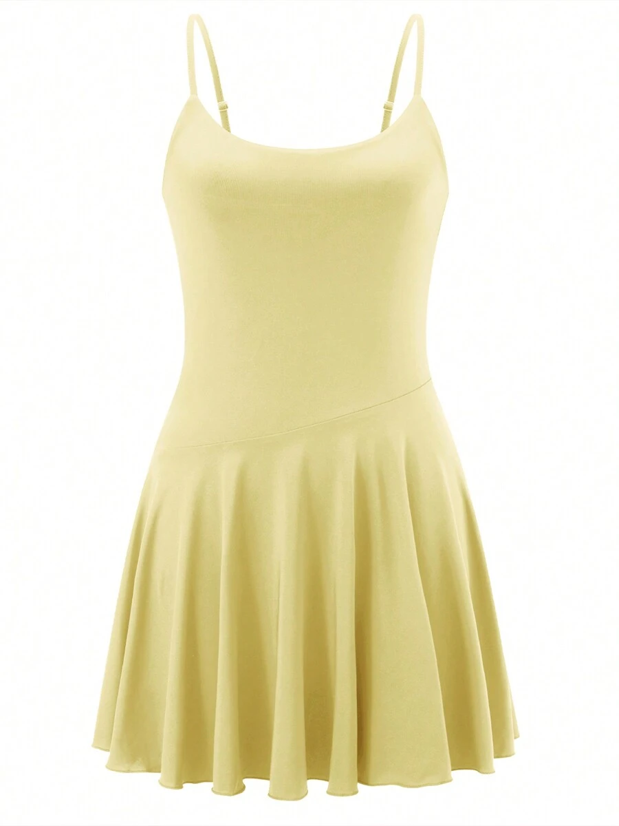Women's Mini Skater Dress Sleeveless Spaghetti Strap Scoop Neck Flowy Dress Summer Party Dress - Yellow - View 1