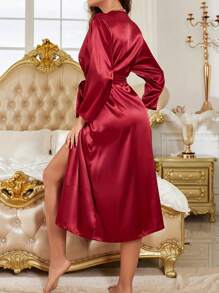 1pc Women's Elegant Soft Silk Solid Color Sleepwear Loose Long Sleeve Robe, Suitable For Home Use, Spring/Summer And Autumn/Winter, Fall - Red - View 2