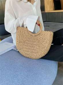 Women's Beach Bag With Hand Ring, Removable Handle, Large Half-Moon Straw Bag, Fabric Lining, Drawstring Closure - Khaki - View 2
