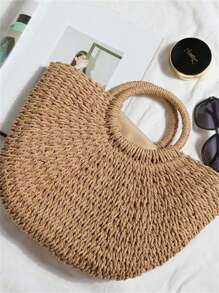 Women's Beach Bag With Hand Ring, Removable Handle, Large Half-Moon Straw Bag, Fabric Lining, Drawstring Closure - Khaki - View 6