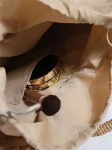 Women's Beach Bag With Hand Ring, Removable Handle, Large Half-Moon Straw Bag, Fabric Lining, Drawstring Closure - Khaki - View 8