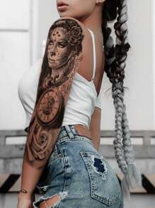 1 张超大全臂尺寸人体艺术临时纹身贴纸，适用于男士，黑色 3D 风格亡灵节女孩玫瑰时钟幽灵挚爱图案，防水假袖纹身，持续 2-5 天，遮盖疤痕，可用于手臂手腕肩腿腰颈手胸部大腿手指，人体艺术角色扮演派对礼物