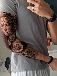 1 张超大全臂尺寸人体艺术临时纹身贴纸，适用于男士，黑色 3D 风格亡灵节女孩玫瑰时钟幽灵挚爱图案，防水假袖纹身，持续 2-5 天，遮盖疤痕，可用于手臂手腕肩腿腰颈手胸部大腿手指，人体艺术角色扮演派对礼物