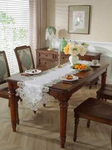 1PC White And Two Color Peony Flower Lace Table Runner, Table Runner, Decorative Tablecloth For Dining Table, Desk, Coffee Table, Dresser, Interior Decoration, Seasonal Decoration, Home, Party, Wedding, Outdoor Furniture - White - View 6