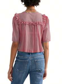 Women Short Sleeve Shirts Lace Ruffles Buttons Blouses Summer Loose Casual Tops - Dusty Pink - View 5