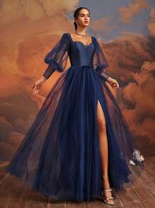 VIPGIRL 梦幻海军蓝泡泡袖露肩高开叉薄纱舞会礼服、公主风长裙、女士优雅派对礼服、女士舞会礼服、正式晚礼服、紧身胸衣、婚礼宾客礼服、毕业礼服 - 藏蓝色 - 查看 2