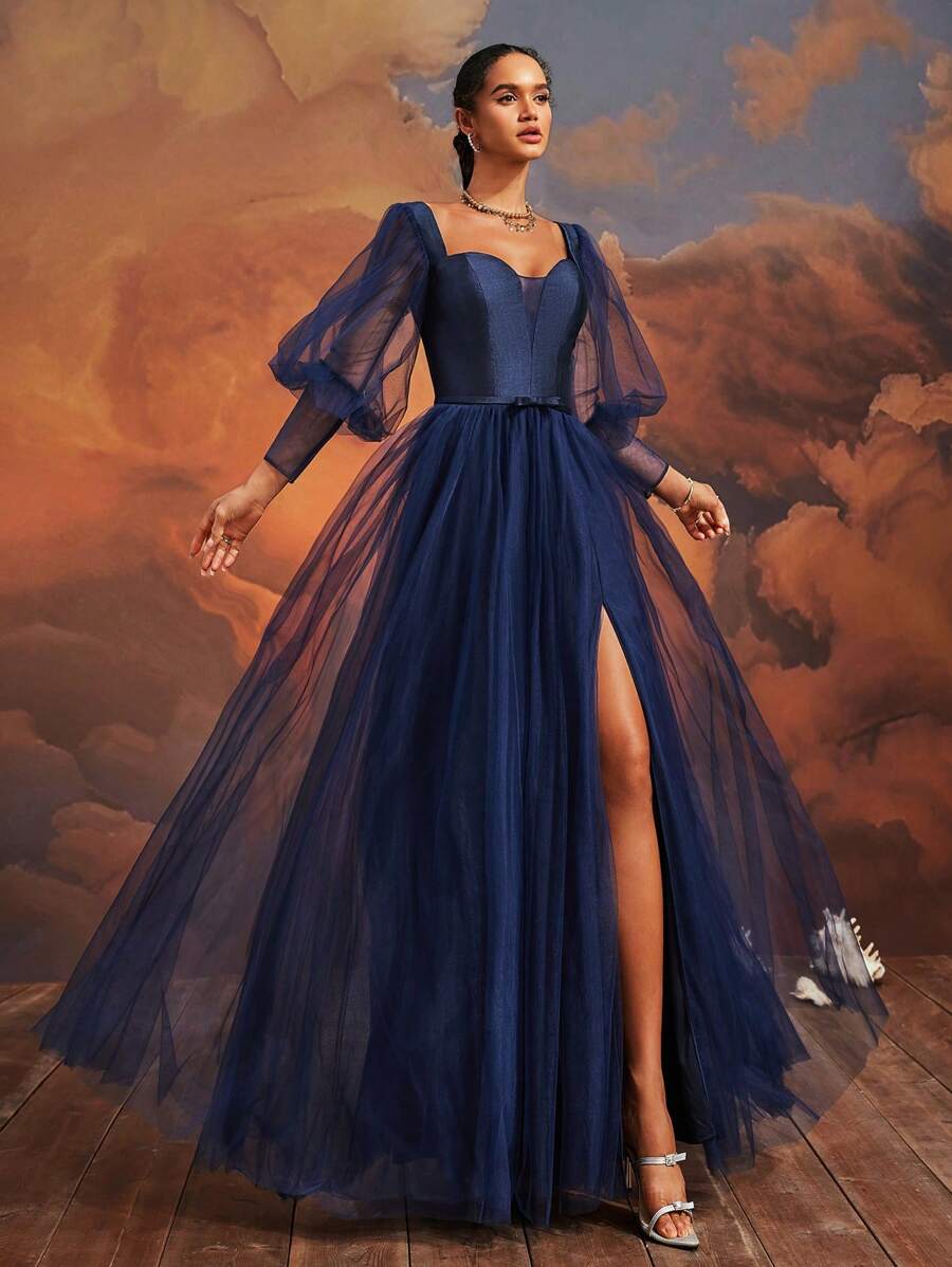 VIPGIRL 梦幻海军蓝泡泡袖露肩高开叉薄纱舞会礼服、公主风长裙、女士优雅派对礼服、女士舞会礼服、正式晚礼服、紧身胸衣、婚礼宾客礼服、毕业礼服