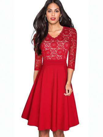 Women's Chic V-Neck Patchwork Flare Party Dress