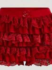 Women's Fashion Shorts Sweet Bow Lace Ruffles Elastic Waist Short Pants Summer Casual Shorts - 紅色 - 查看 1