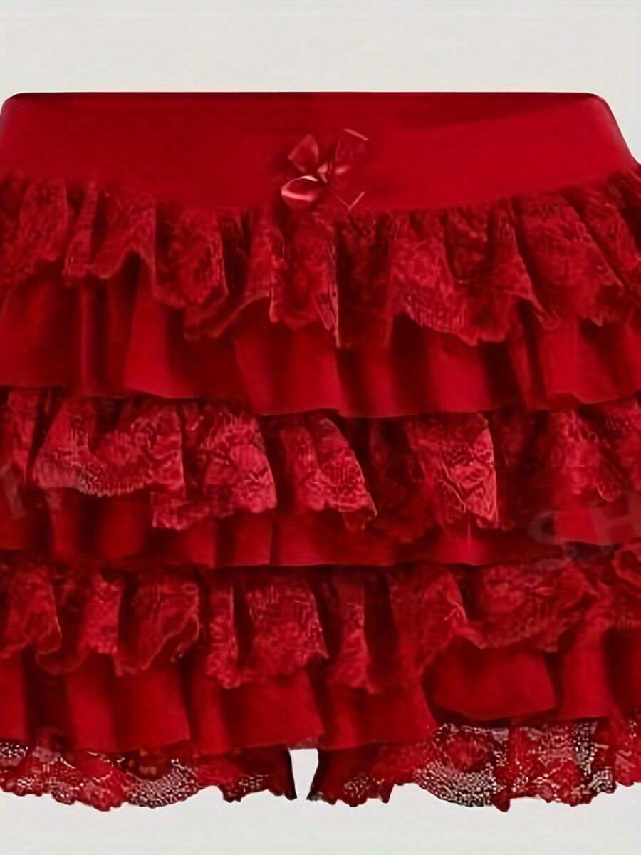 Women's Fashion Shorts Sweet Bow Lace Ruffles Elastic Waist Short Pants Summer Casual Shorts - 紅色 - 查看 1