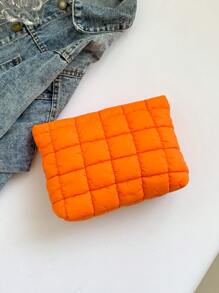 时尚绗缝格子加厚化妆包、休闲手拿包、保暖羽绒小包返校用品 - 橘色 - 查看 4