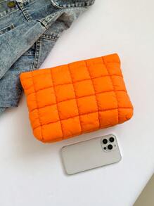 时尚绗缝格子加厚化妆包、休闲手拿包、保暖羽绒小包返校用品 - 橘色 - 查看 5