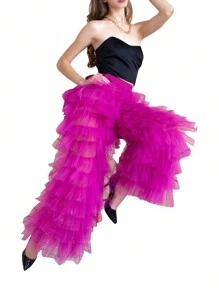 Women Cute Tulle Pants, Solid Color Patchwork Multi-Layer Ruffle Yarn High Waist Female Trousers - Red Violet - View 3