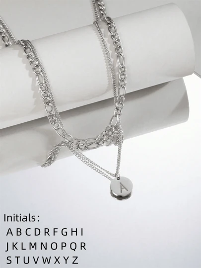 2 件周年纪念首字母多层项链套装 适合男孩 硬币字母项链 条形堆叠项链 多层项链 多条首饰 适合青少年