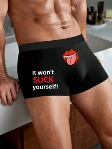 男士黑色字母和嘴唇印花弹力透气三角裤，休闲舒适内衣 - 黑色 - 查看 1