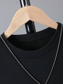 男童休闲简约夏季套装，两件套儿童银色印花休闲拼接黑色T恤+条纹短裤套装，男童夏季休闲简约印花圆领短袖T恤和短裤套装，开斋节服装 - 黑色 - 查看 7