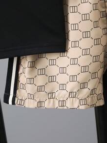 男童休闲简约夏季套装，两件套儿童银色印花休闲拼接黑色T恤+条纹短裤套装，男童夏季休闲简约印花圆领短袖T恤和短裤套装，开斋节服装 - 黑色 - 查看 4