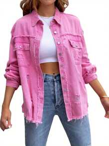 Women's Ripped Distressed Denim Jacket Long Sleeve Button Down Boyfriend Jean Coat Trucker Jacket - 粉色 - 查看 2