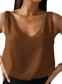 Women Elegant Satin Silk Tank Vest,Sleeveless V Neck Solid Loose Summer Ladies Tops For Casual Daily - Brown - View 2