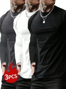 3pcs/Set Men's Basic Solid Color Round Neck Slim Fit Long Sleeve T-Shirts, Casual Everyday Wear, Suitable For Travel And Lightweight Daily Wear, Spring/Autumn - Multicolor - View 3