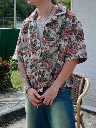 男士花卉印花 Polo 衫，夏季时尚休闲短袖上衣