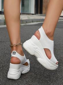 新款夏季厚底坡跟凉鞋，百搭弹力女式凉鞋，高跟优雅女式凉鞋，网眼透气舒适女式凉鞋，黑色鞋子，坡跟高跟女式凉鞋 - 白色 - 查看 5