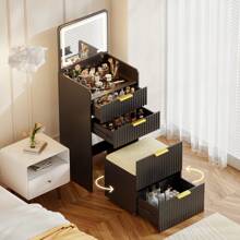 HNEBC 3 In 1 Small Vanity Desk With Plip Top Mirror,Makeup Vanity Set With Visible Glass Desktop,Compact Vanity With 3 Drawers,Storage Compartment And Padded Stool,Dressing Table For Bedroom,White - 黑色 - 查看 8