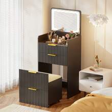 HNEBC 3 In 1 Small Vanity Desk With Plip Top Mirror,Makeup Vanity Set With Visible Glass Desktop,Compact Vanity With 3 Drawers,Storage Compartment And Padded Stool,Dressing Table For Bedroom,White - 黑色 - 查看 7