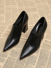 2025 年春季新款尖头优雅简约时尚高跟鞋，棕色粗跟女式高跟鞋 - 黑色 - 查看 2