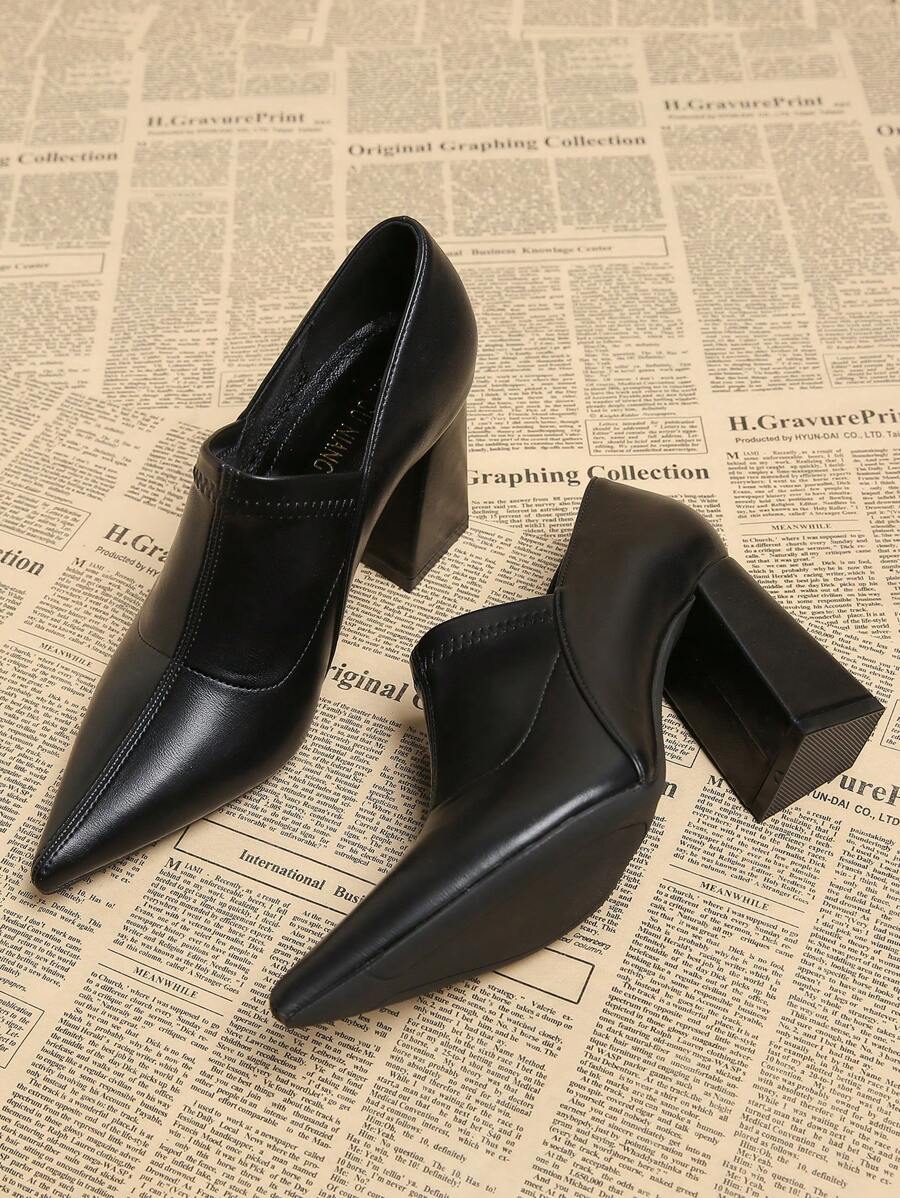 2025 年春季新款尖头优雅简约时尚高跟鞋，棕色粗跟女式高跟鞋 - 黑色 - 查看 1