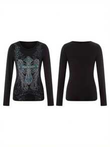 Womens Slim Blouse Round Neck Long Sleeve Cross Rhinestone Pattern Tops Clubwear For Spring Summer - Negro - Ver 6