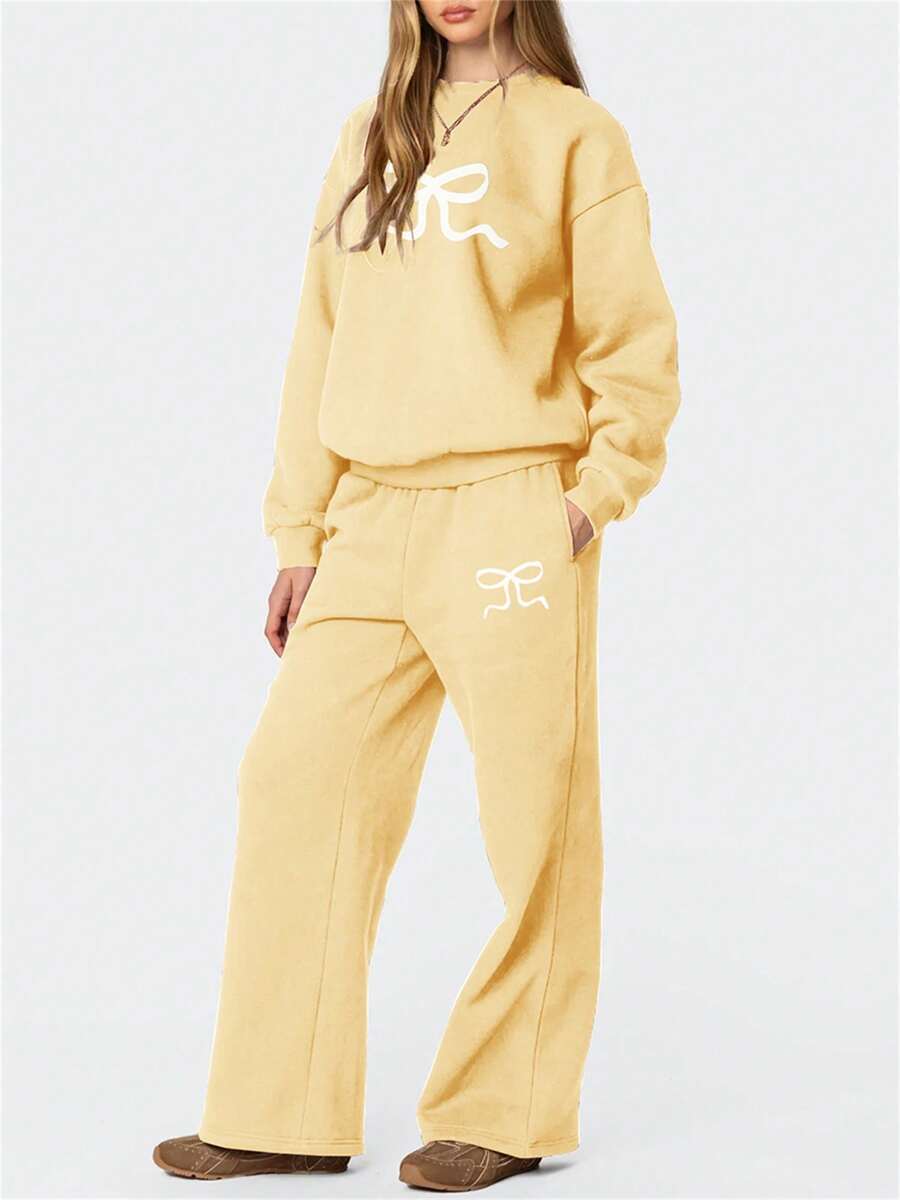 2 Piece Tracksuit For Women Fall Sweatsuits Bow Print Long Sleeve Crew Neck Sweatshirt Wide Leg Sweatpants