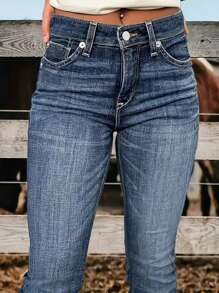 Vintage Chic High-Waisted Skinny Jeans For Women - Ultra-Comfortable, Stretchy, And Non-See-Through Denim With Elegant Prickly Details, Perfect For Casual Attire, Classic Blue, Mid-Rise, Button Closure, All-Seasons, And Timeless Style - Màu xanh hải quân - Xem 3