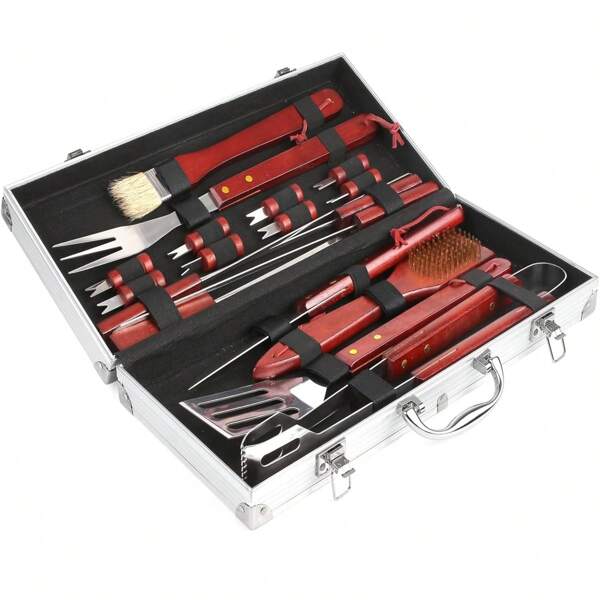 Ensemble de couverts de barbecue 18 pièces en acier inoxydable de haute qualité, accessoires de barbecue pour hommes, cadeau d'anniversaire, valise, ensemble d'outils de barbecue parfait pour le jardin et le camping