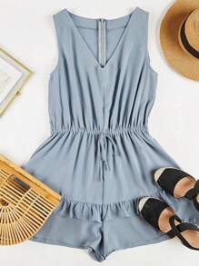 Womens V Neck Beach Tank Rompers Flowy Ruffle Layered Shorts Jumpsuit High Waist - Màu xanh lam - Xem 3