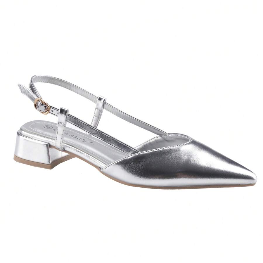 BELOVELY[CASSIE-3]Women Slingaback Flats Double Strap Block Low Heel Sandals Two Toned Classic Dress Shoes With Buckle - 銀色 - 查看 1