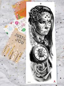 1 张超大全臂尺寸人体艺术临时纹身贴纸，适用于男士，黑色 3D 风格亡灵节女孩玫瑰时钟幽灵挚爱图案，防水假袖纹身，持续 2-5 天，遮盖疤痕，可用于手臂手腕肩腿腰颈手胸部大腿手指，人体艺术角色扮演派对礼物