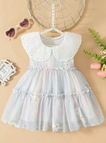 女婴无袖甜美渐变花卉刺绣公主裙派对装夏季 - 藍色 - 查看 1