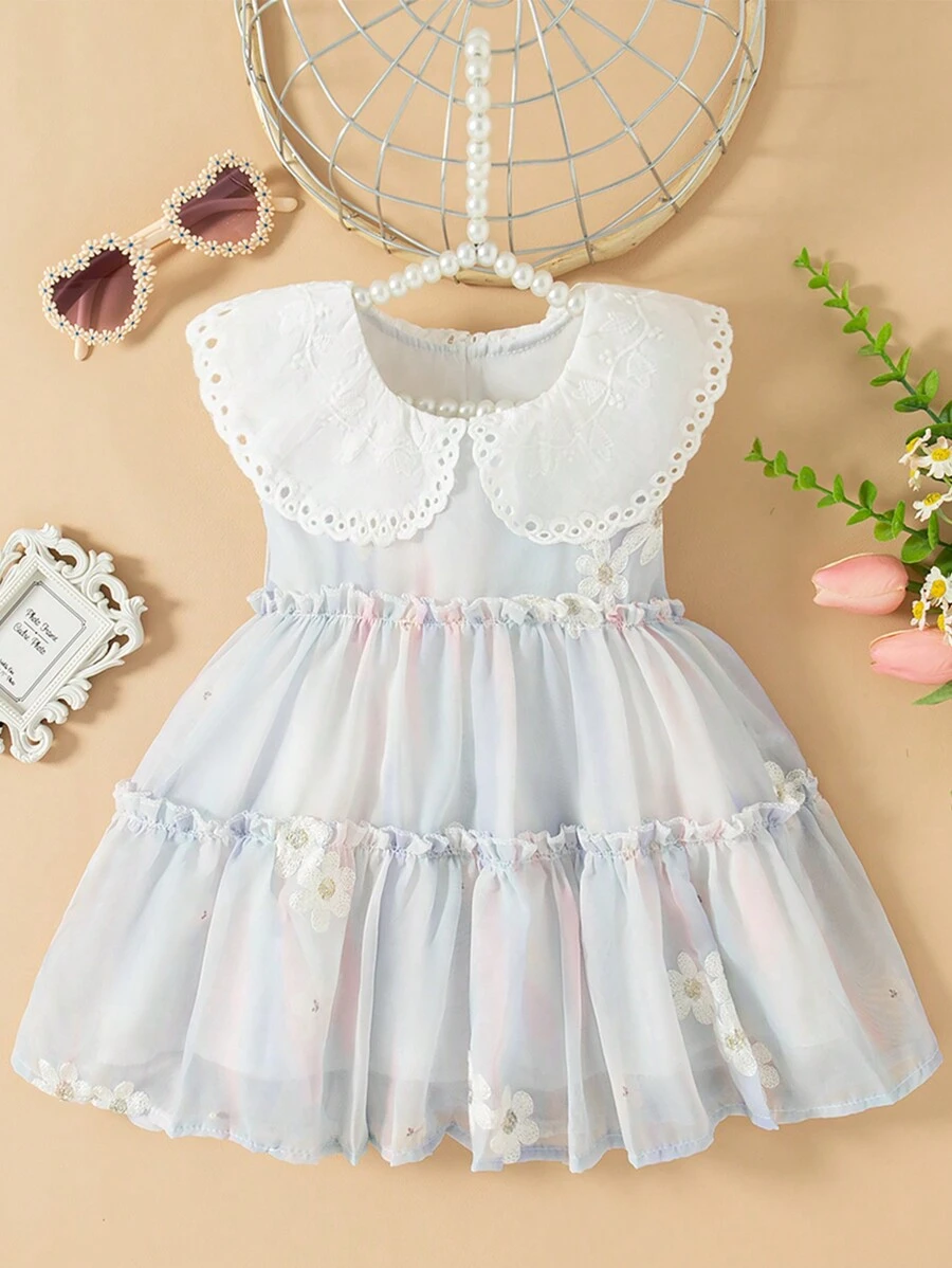 女婴无袖甜美渐变花卉刺绣公主裙派对装夏季 - 藍色 - 查看 1