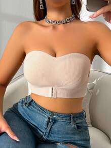 1pc Apricot Front Closure Ribbed Women's Bra, Front Hook Padded Bra, Strapless Bandeau, Can Replace Your Own Preferred Cup Pads - Apricot - View 7