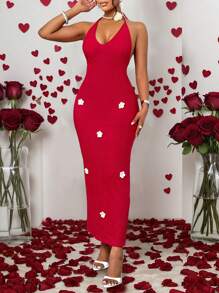 女士浪漫红色深V领无袖露背吊带连衣裙，饰有3D立体花朵贴花，适合度假/约会