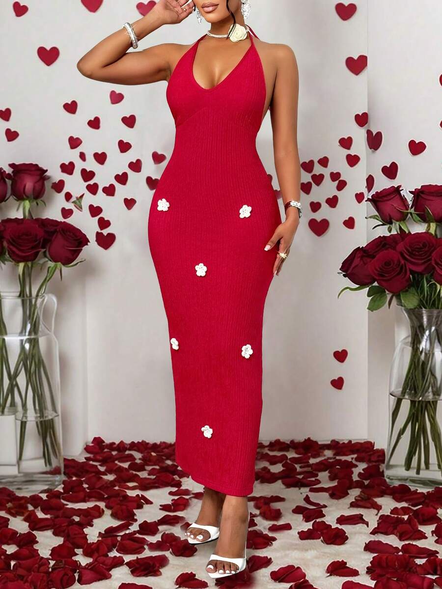 女士浪漫红色深V领无袖露背吊带连衣裙，饰有3D立体花朵贴花，适合度假/约会