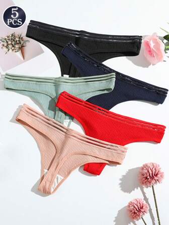 5 条装女士纯色性感丁字裤，高弹力透气日常内衣