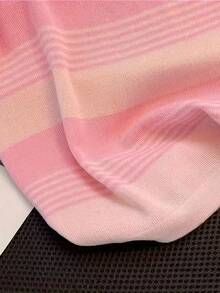 Summer Knit Short Sleeve Polo Collar T-Shirt For Women, Contrast Stripe & Embroidered - Pink - View 4