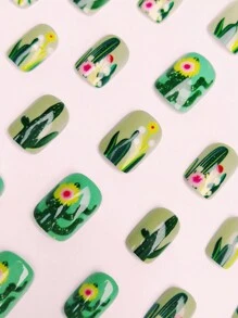 24Pcs Elegant Square Cactus Cute Floral Nail Art Stickers, Detachable Nail Decorations Press On Nails Nail Supplies Nails - Green - View 4