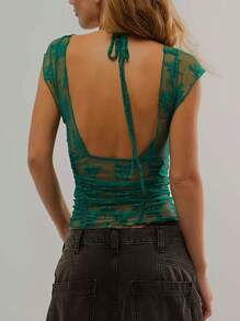 Women Summer Basic Floral Lace T-Shirts Backless Cap Sleeve Tops Casual Pullovers For Streetwear Aesthetic Clothes - 綠色 - 查看 4