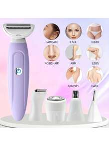 5 合 1 女士电动剃须刀，多功能 USB 充电式箔修剪器，带锂电池的便携式脱毛套装，不锈钢刀片，适用于面部、眉毛、手臂、腿部，是理想的圣诞礼物 - 紫色 - 查看 6