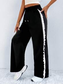 Women's Spring Casual Black Elastic Waist Ruffle Drawstring Loose Wide Leg Pants, Stylish Street Style - Black - View 4